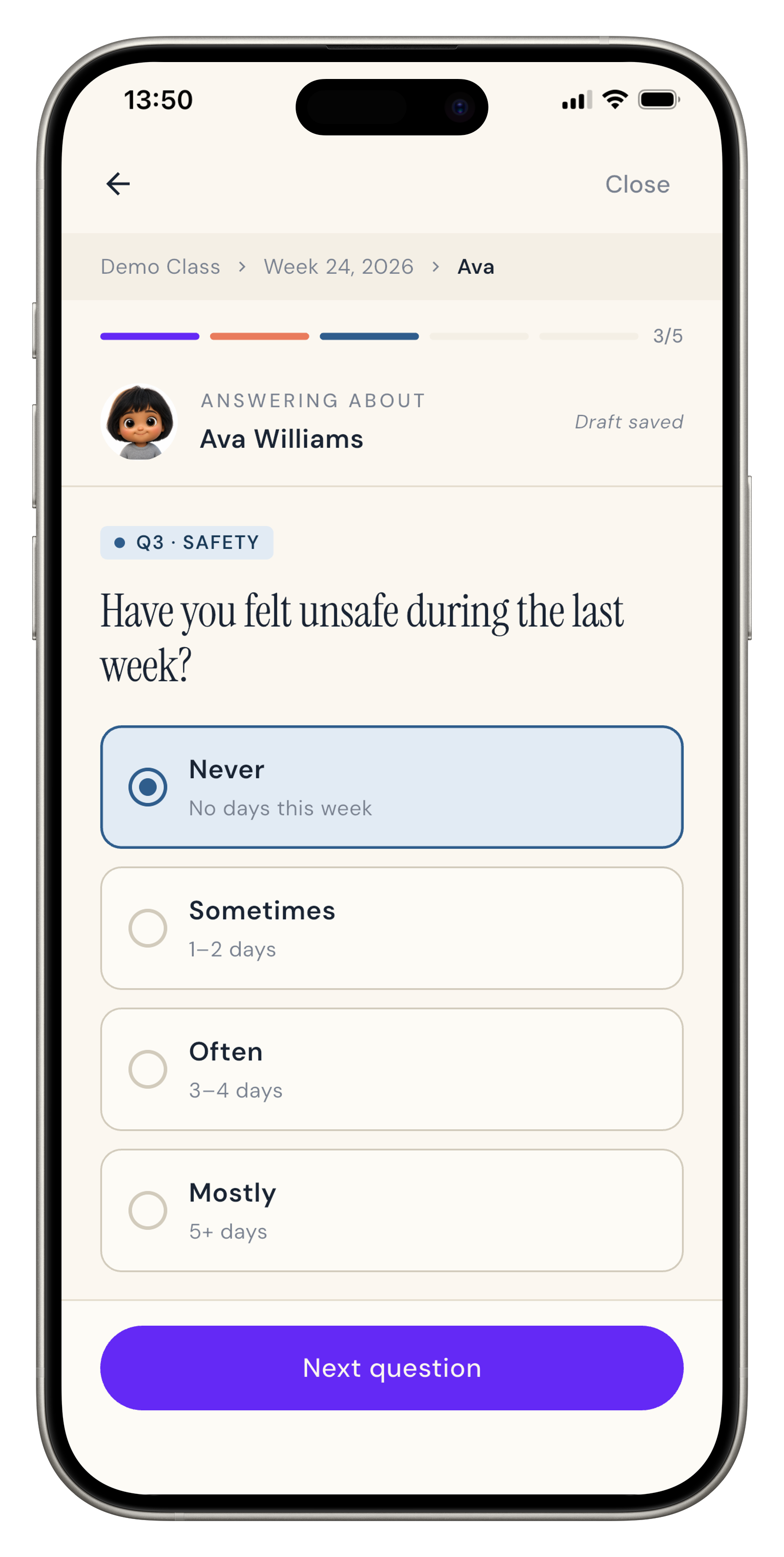Kinnections Conversation safety question screen